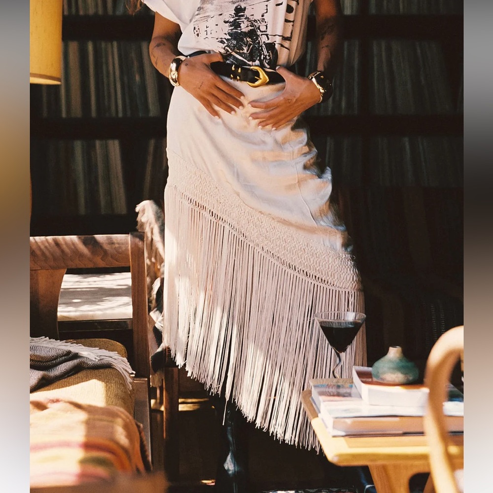 12th Tribe Frankie Cream Satin Jacquard Fringe Midi Skirt